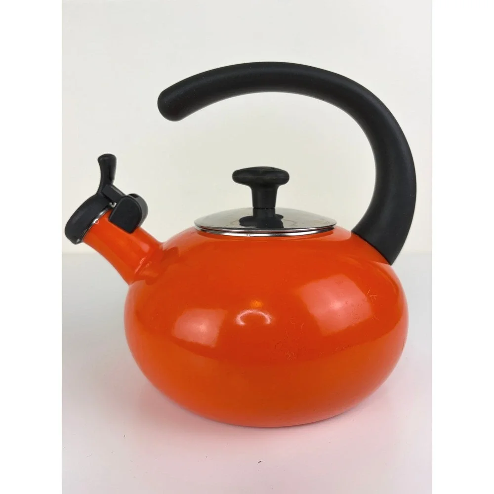Rachael Ray Orange Enamel Whistling Tea Kettle 1.5 Qt Retro Kitchen